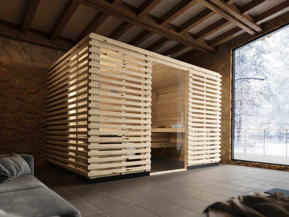 Sauna Aurora mit Rhombuslatten aus Fichtenhoolz