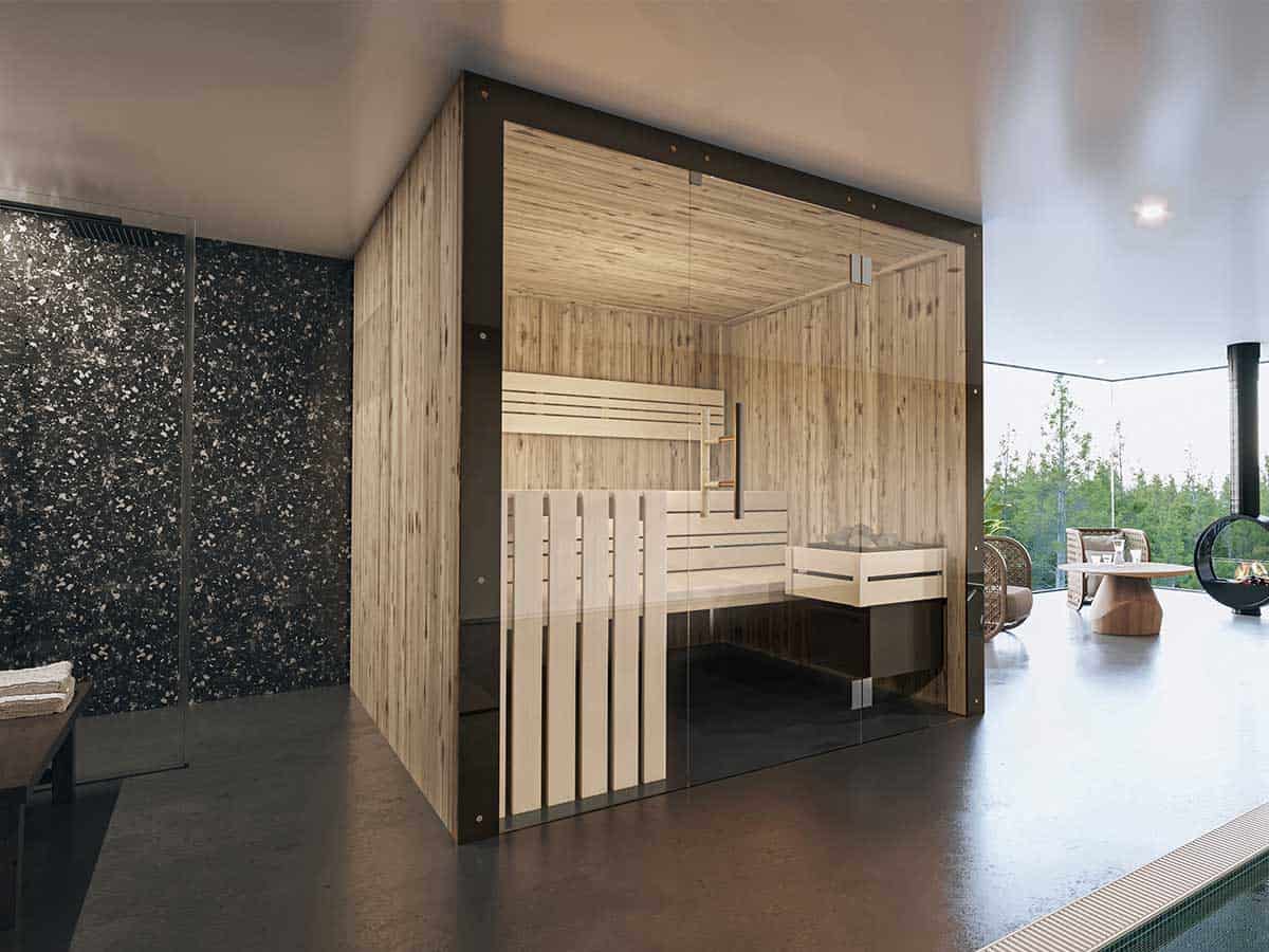 Sauna Arcadia mit Glasfront - Moderne Sauna aus Fichte Altholz